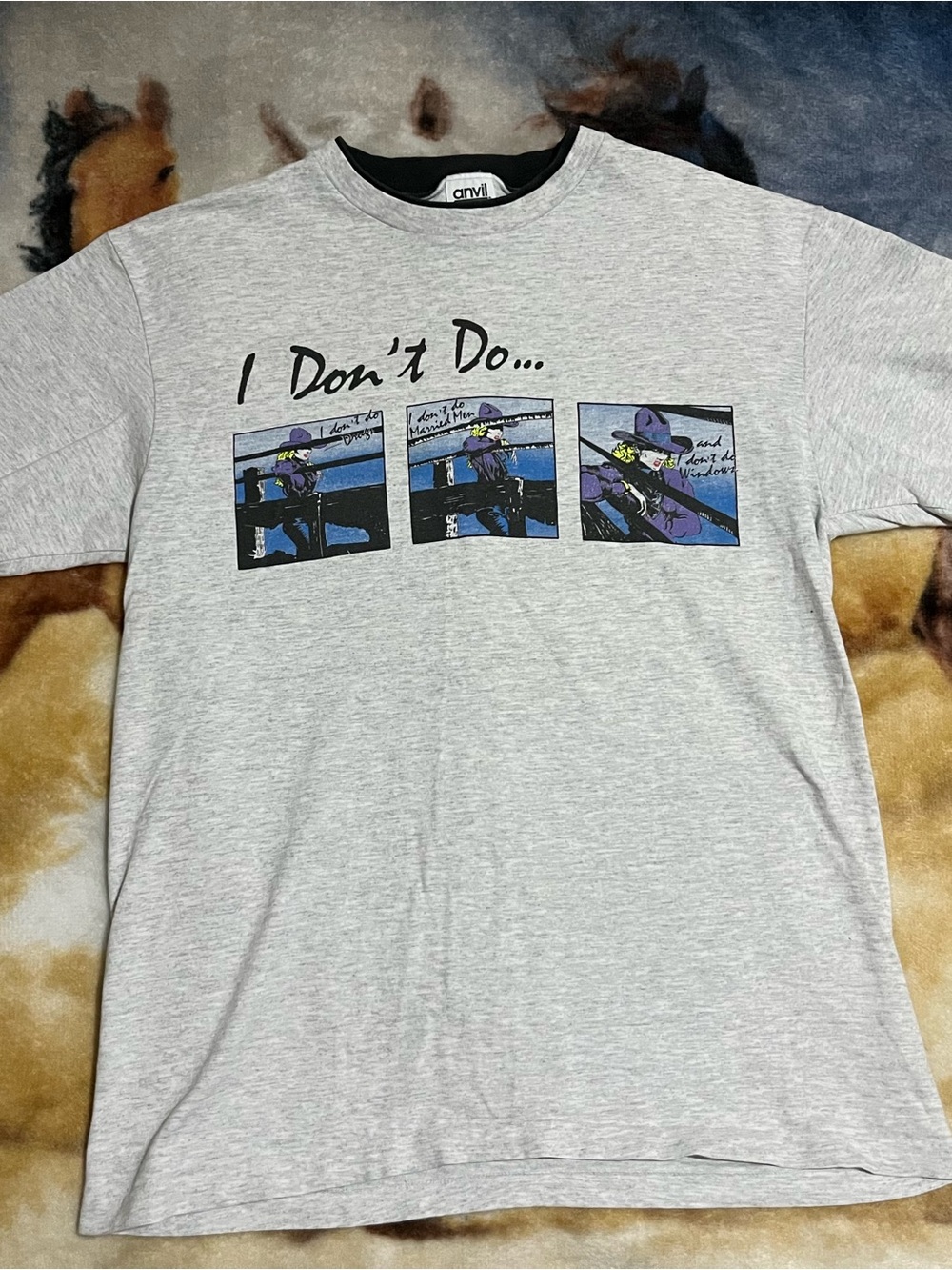 Anvil Light Gray Graphic Tee with Purple & Blue Comic Panels